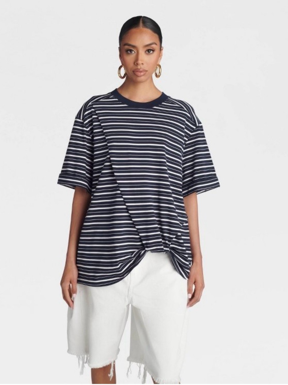 Navy and White Striped Knot-Front Short Sleeve Tee